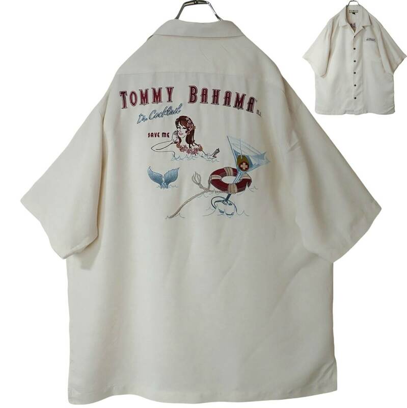 5730/TOMMY BAHAMA 半袖オープンシャツ L 刺繍入りアロハシャツ Cocktail カクテルグラス 人魚mermaid●洗濯プレス済●トミーバハマ古着