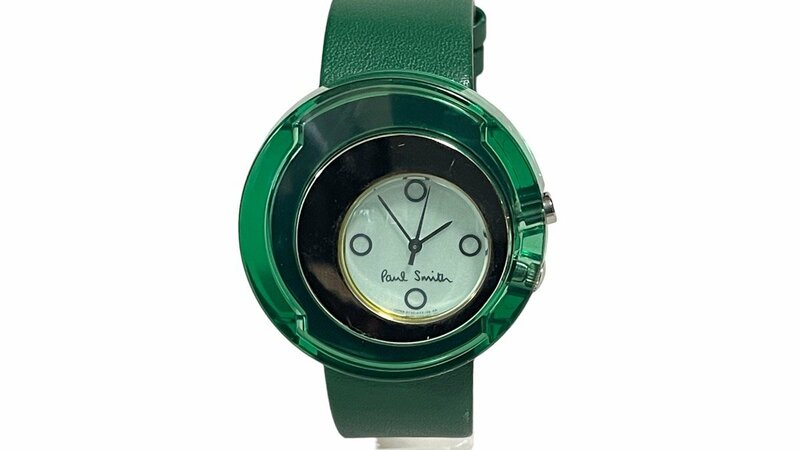 1円●ポールスミス●ラウンド型 メンズ腕時計●クオーツ●シルバー×クリアグリーン× レザー 緑 SS ロゴ