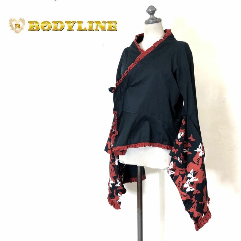 G2131-O-N◆良品◆ BODYLINE ボディライン 浴衣 トップス 和装 和風 ロリータ 着物 蝶 バタフライ フリル◆sizeF ブラック レッド