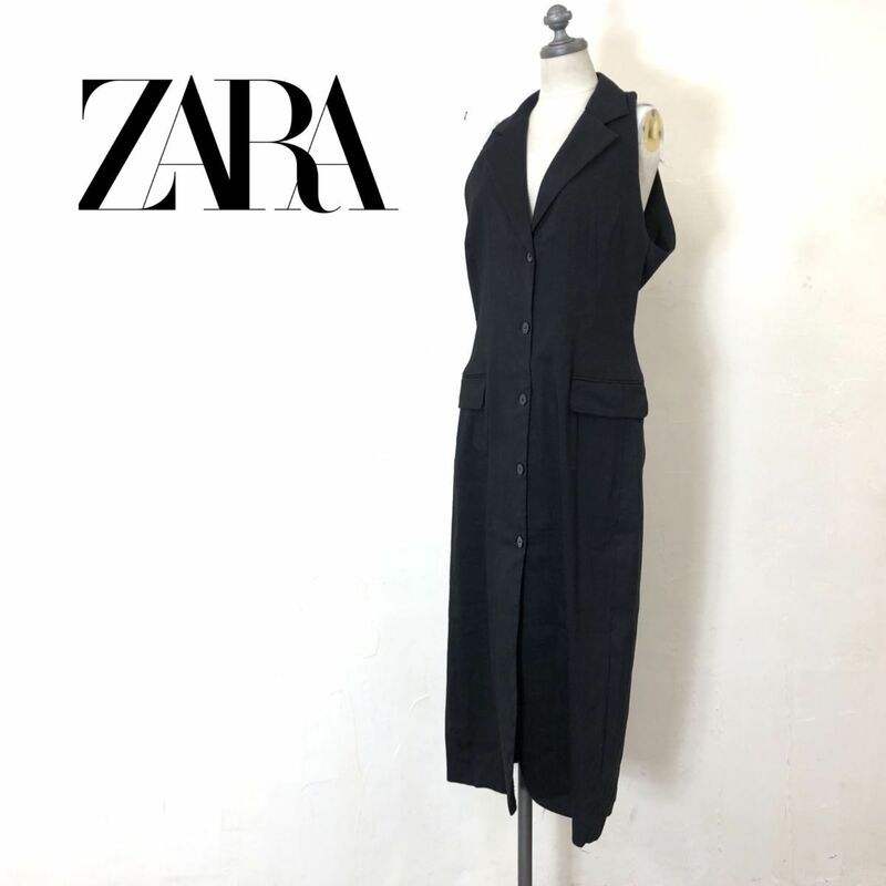 G2129-O-N◆タグ付き美品◆ ZARA ザラ ノースリーブワンピース リネン タイト ロング テーラード ◆sizeM 麻 ブラック 黒