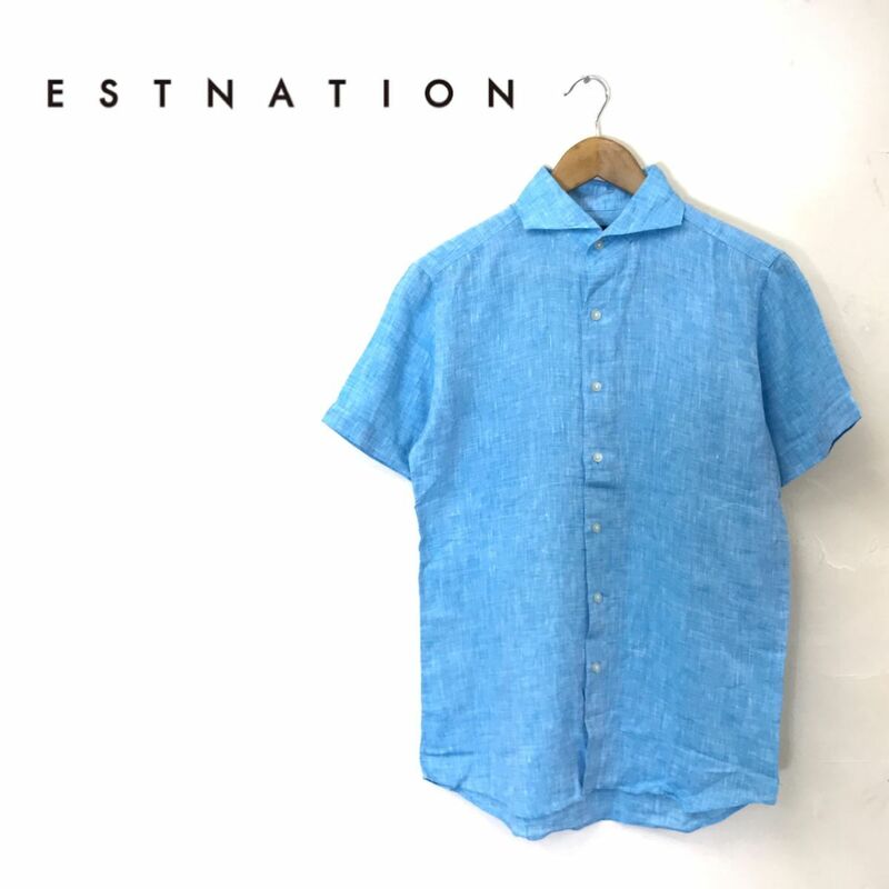 G2024-G-N◆美品◆estnation エストネーション シャツ◆sizeM 麻100% 日本製 ライトブルー メンズ トップス 半袖 シンプル 夏服 カジュアル