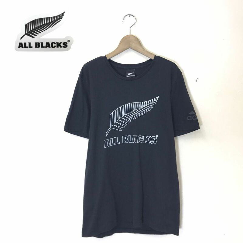 G1795-T◆ALL BLACKS オールブラックス adidas 半袖Tシャツ クルーネック ステッチ◆sizeS ブラック メンズ トップス コットン100