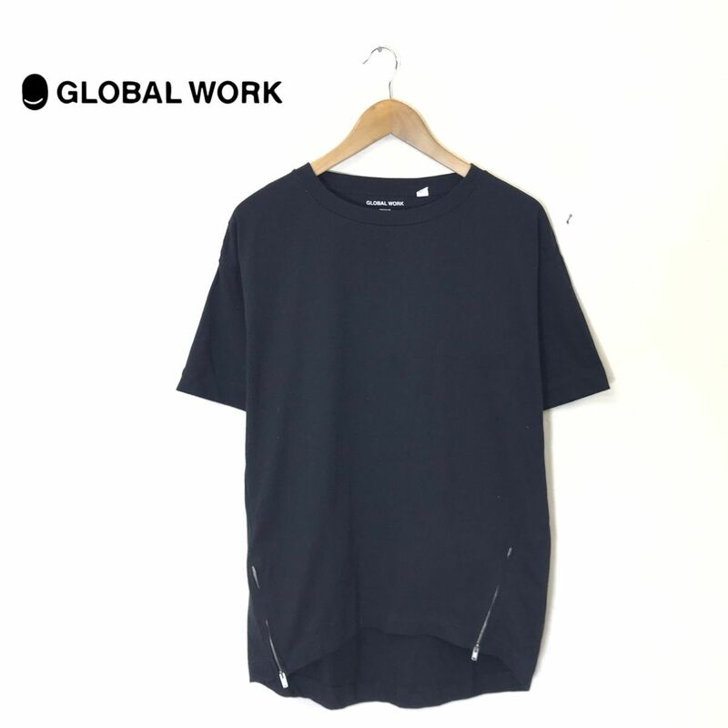 G1794-T◆GLOBAL WORK グローバルワーク 半袖Tシャツ サイドジップ クルーネック ステッチ◆sizeM ブラック メンズ トップス コットン100