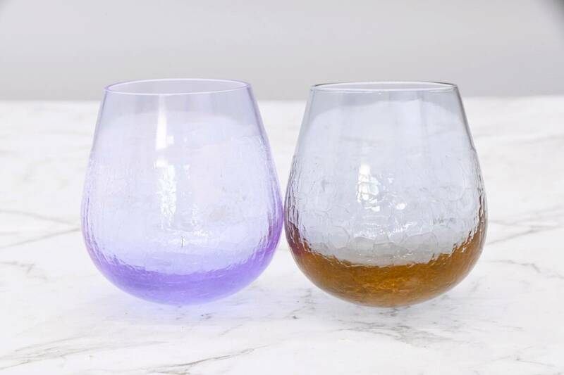 **北一硝子　ゆらゆらグラス　涼しげなアイスクラック技法/氷裂紋　紫色と茶色のペアグラス　ロックグラス　手作りガラス　未使用保管品