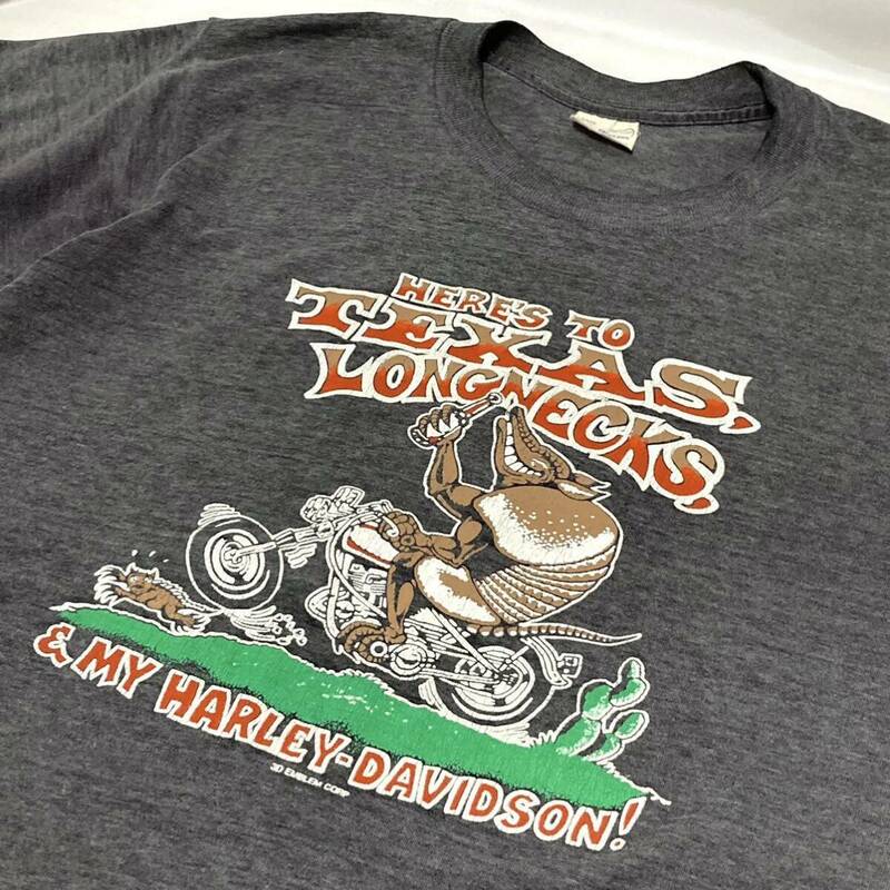 70s usa製 vintage Harley Davidson armadillo Texas longnecks tシャツ 3D EMBLEM アルマジロ ハーレーダビットソン 両面プリント 墨黒 L