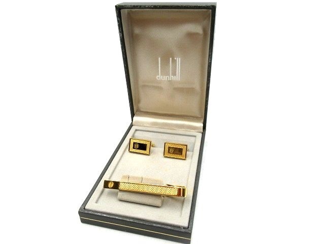 ♪dunhill ダンヒル ネクタイピン タイピン カフス ボタン カフリンクス セット ゴールドカラー アクセサリー ケース付き 長期保管品♪