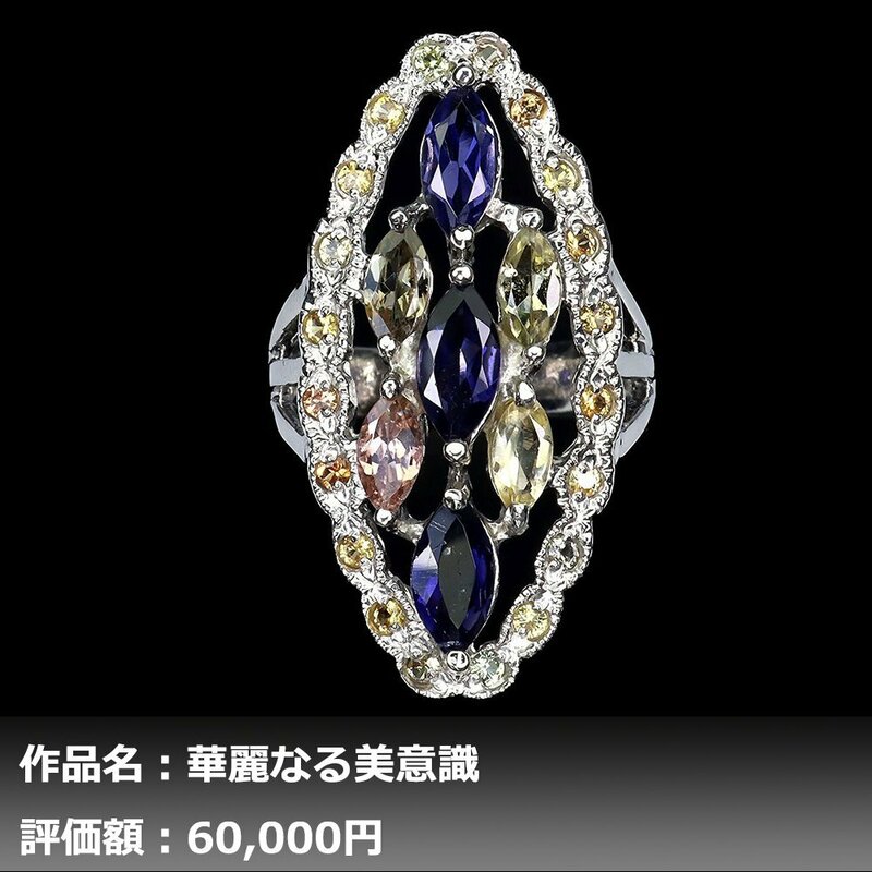 【1円新品】イケゾエガレ｜3.50ct 天然トルマリン&イオライト&サファイア K14WG仕上リング 14号｜作家モノ｜本物保証｜日宝協鑑別対応