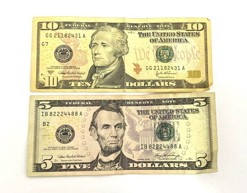 【4522】旧10ドル札 5ドル札 2枚セット アメリカ アメリカドル 紙幣 古銭 アメリカ DOLLARS 計15ドル 