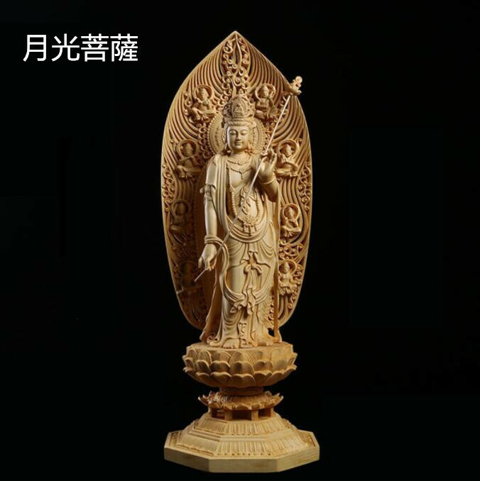 総檜材　仏教工芸品　木彫仏教　精密彫刻　極上品　仏師で仕上げ品　月光観音菩薩立像 高43.0cm