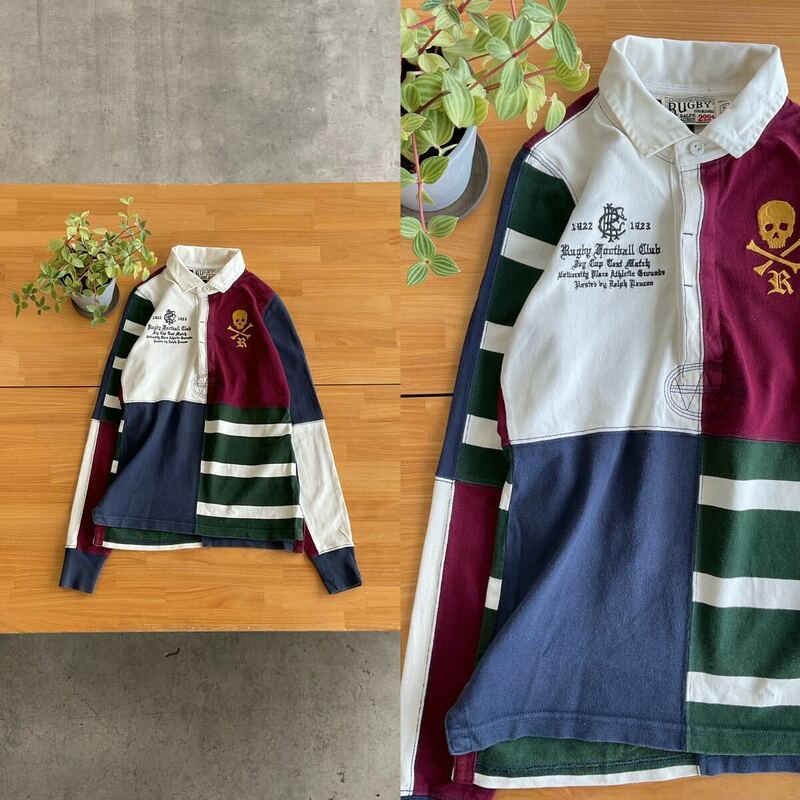 RALPH LAUREN RUGBY ラルフローレン ラグビー パッチワーク調スカル刺繍入りハーフボタントップス 長袖ポロシャツ ボーダー 白紺赤緑色系 S