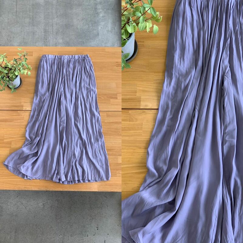美品 LEPSIM レプシィム きれい色ワイドフレアスカート調パンツ とろみ素材ギャザーボトムス スカーチョ くすみパープル紫色系 フリー