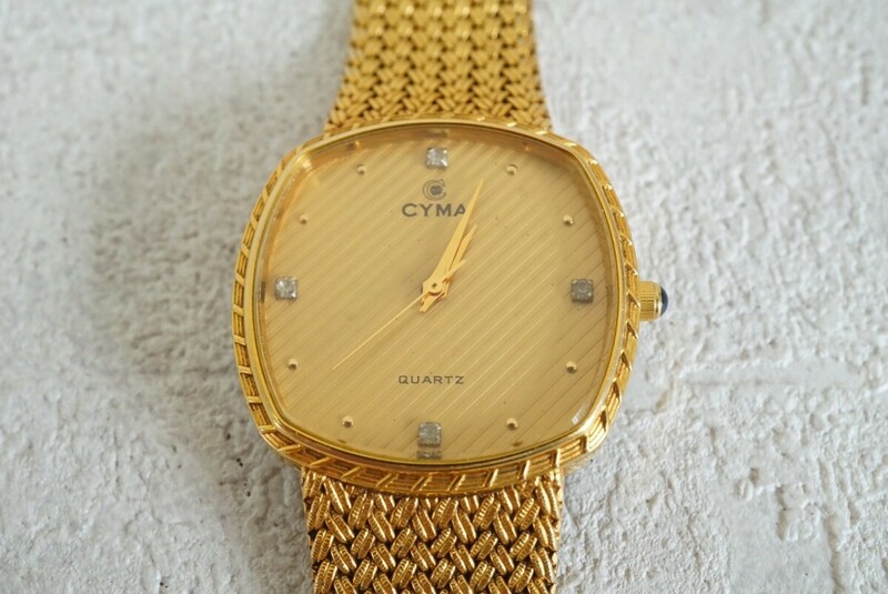F683 CYMA/シーマ ダイヤモンド ゴールドカラー メンズ 腕時計 スクエア クォーツ SWISS/スイス ブランド アクセサリー 不動品