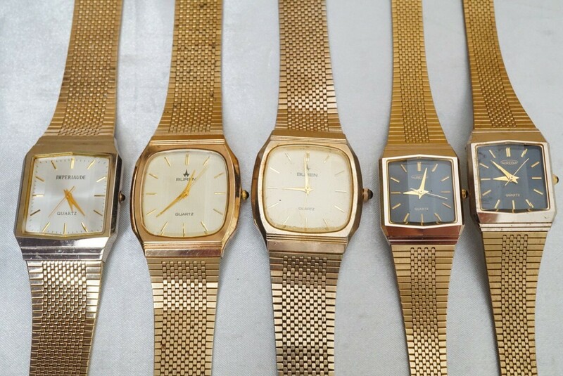 F964 ゴールドカラー スクエア メンズ レディース 腕時計 5点セット アクセサリー クォーツ 大量 まとめて おまとめ まとめ売り 不動品
