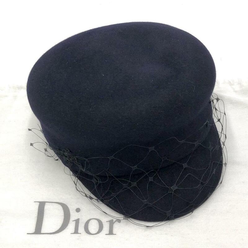 【極美品】Christian Dior クリスチャンディオール 04DPN920G893 ベール付 ウール キャスケット ラビット　帽子 57 ダークネイビー