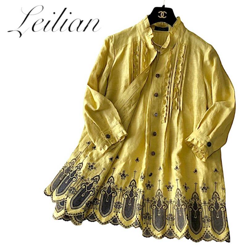 D14◆極美品 レリアン Leilian 大きいサイズ 11 L-XL 麻 リネン シャツ チュニック ワンピース 羽織り 身幅50cm 薄手 涼しい 通気性◎ 春夏