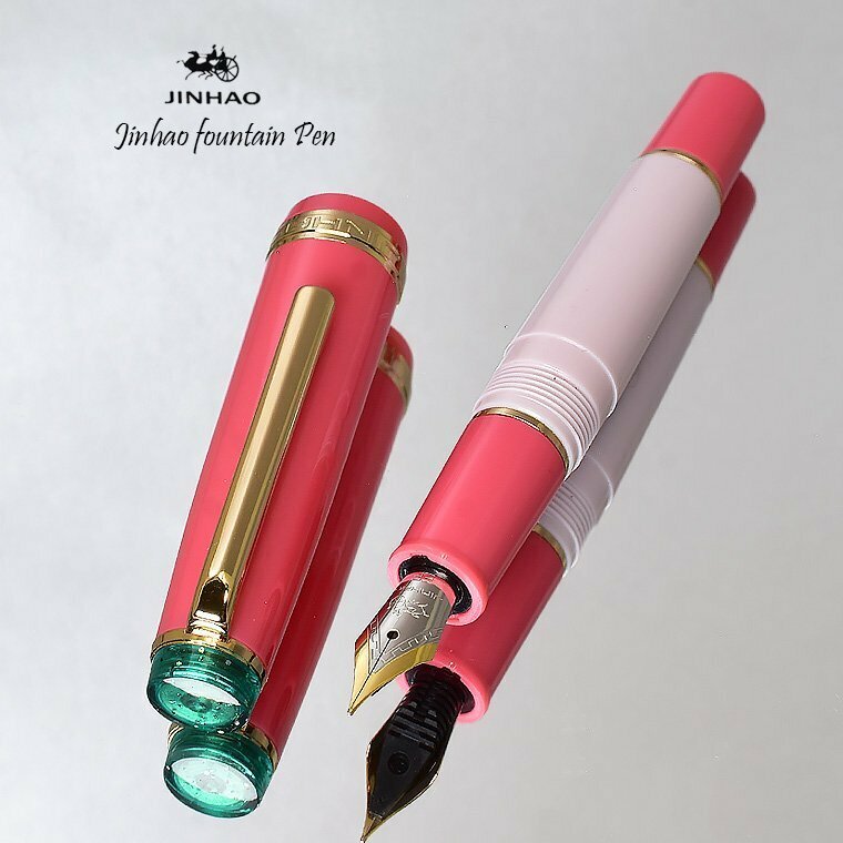 ◆●万年筆【JINHAO/ジンハオ】82ミニ/mini グァバピンク PINK 天冠 緑ラメ アクリル軸 両用式 EF 極細 コンパクト 新品 1円～/JH166PK