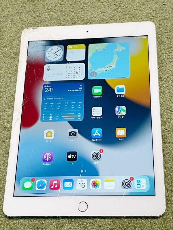 割れあり Wi-Fi使用 Apple iPad Air 2 Wi-Fi+Cellular 16GB A1567(MGH72J/A)シルバー 現状　P19