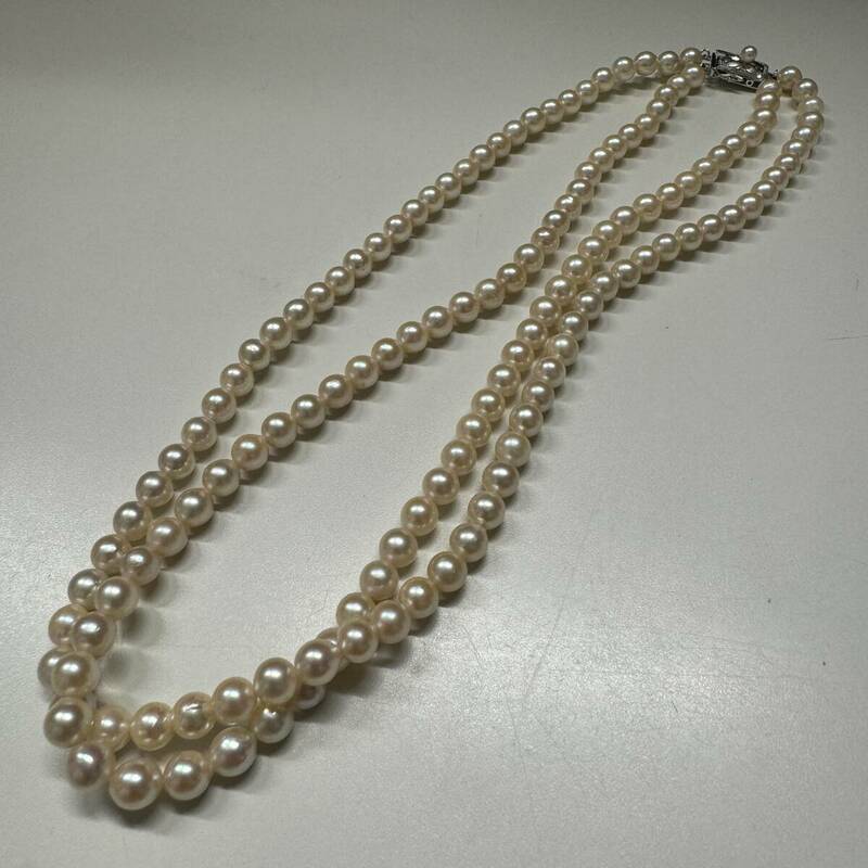 H0527(3)●パール 真珠 ネックレス 2連 留め具 SILVER 刻印 シルバー 約5.92㎜-5.68㎜ 現状品
