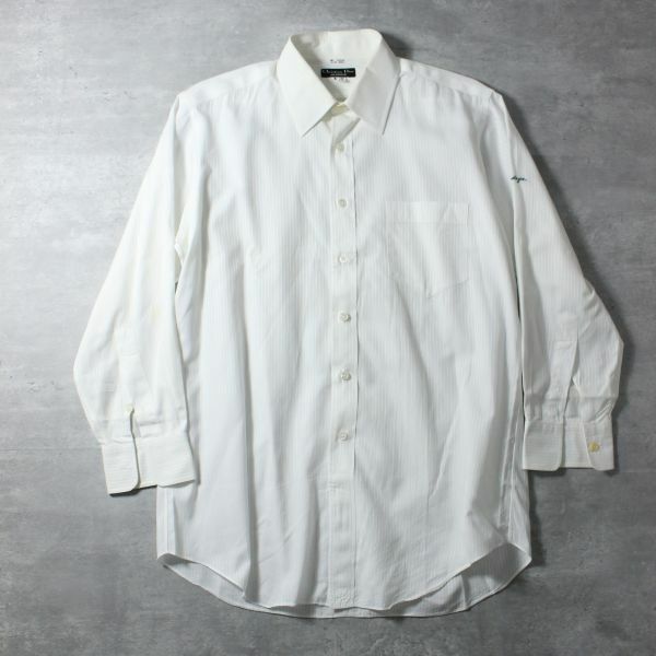 L0143 Christian Dior MONSIEUR クリスチャンディオール メンズ ストライプ 長袖 Yシャツ カッター 胸元ポケット付き ビジネス ホワイト