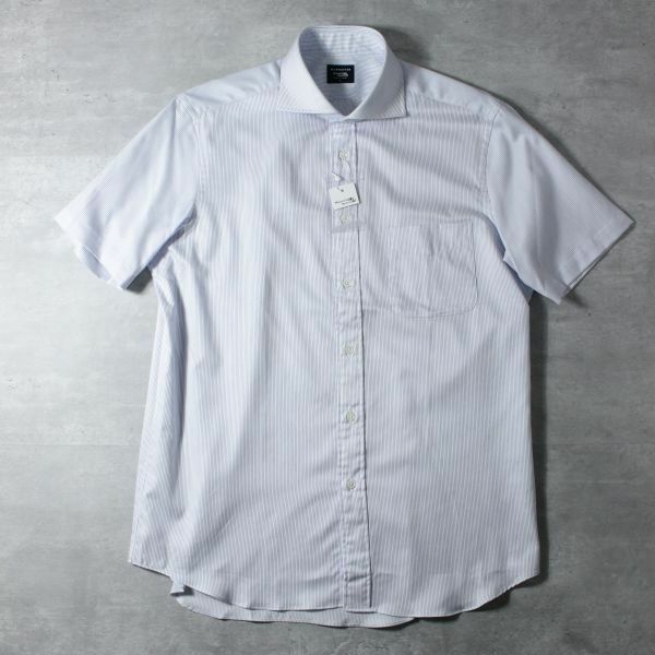 L0168 新品未使用品 タグ付き Maker's Shirt 鎌倉シャツ メンズ MANHATTAN ストライプ 半袖 ホリゾンタルカラー Yシャツ ホワイト ブルー L