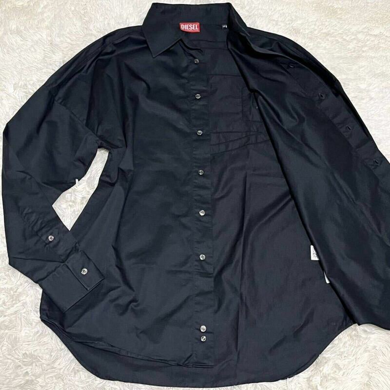 【希少L/未使用級】DIESEL ディーゼル シャツ 長袖 ブラック 黒 Dロゴ ロゴボタン 背面デカロゴ 近年モデル オーバーサイズ 46 メンズ 