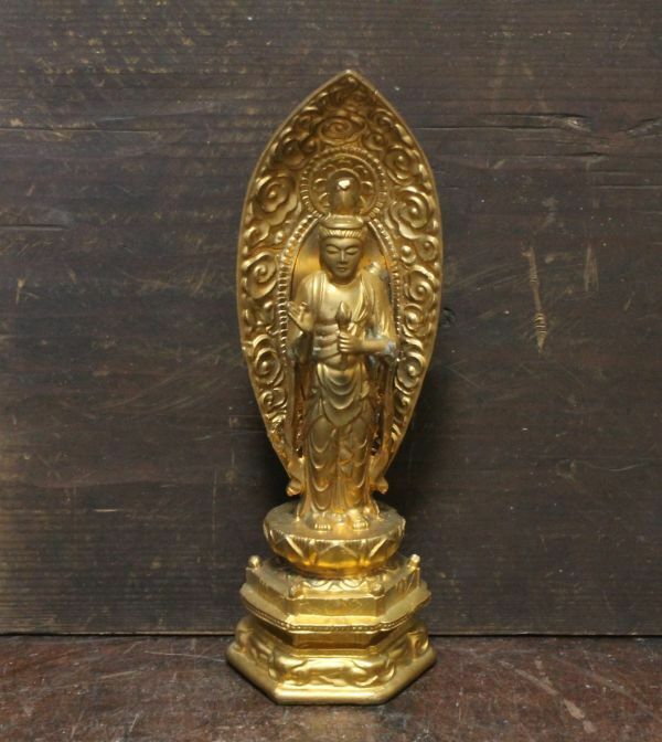古い金属製の観音菩薩像 仏像 鍍金 n669