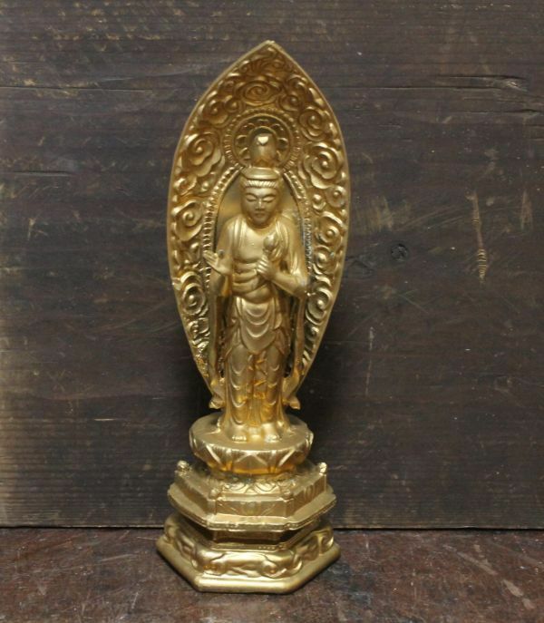 古い金属製の観音菩薩像 仏像 鍍金 n665