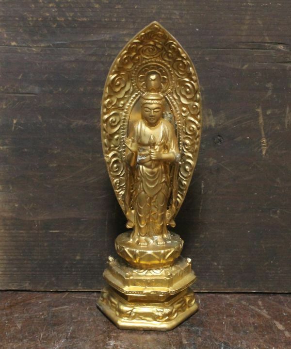 古い金属製の観音菩薩像 仏像 鍍金 n664