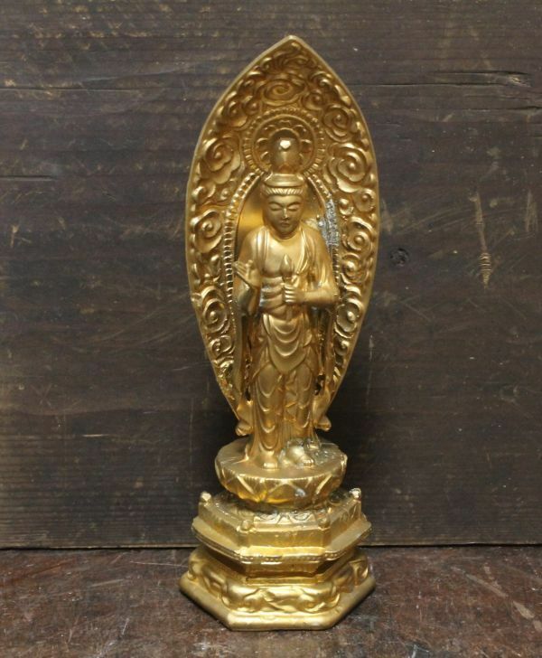 古い金属製の観音菩薩像 仏像 鍍金 n668