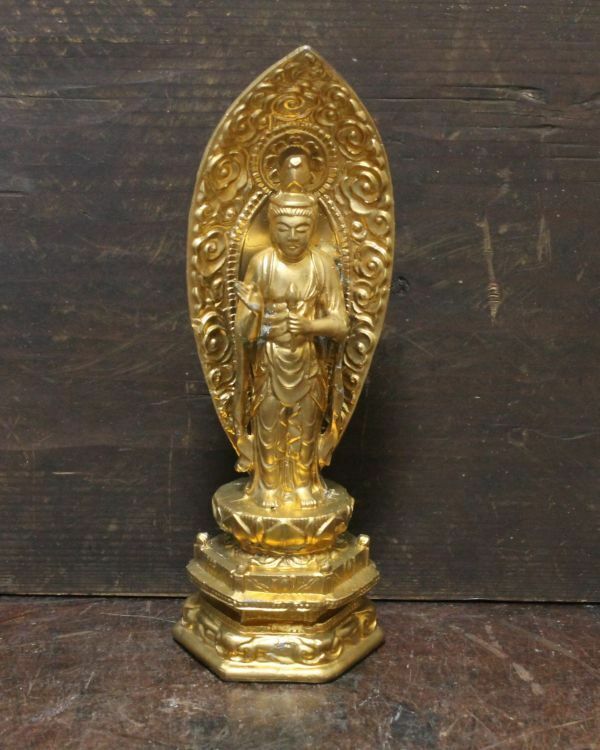 古い金属製の観音菩薩像 仏像 鍍金 n670