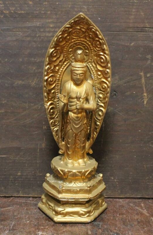 古い金属製の観音菩薩像 仏像 鍍金 n663