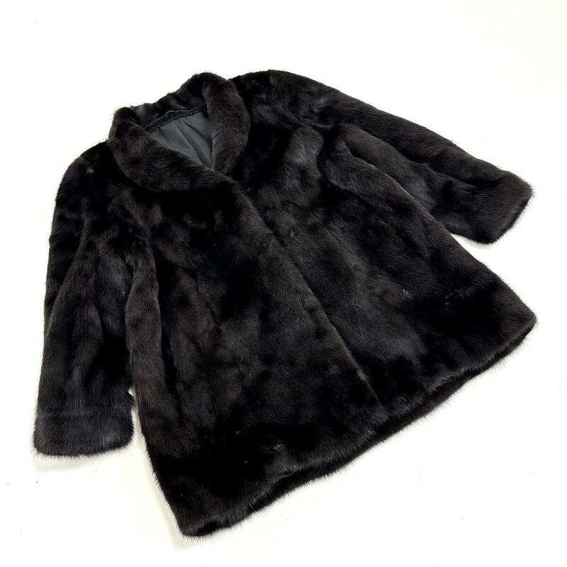 【貂商】h2955 BLACKGLAMA ブラックグラマミンク ハーフコート セミロング ミンクコート 貂皮 mink身丈 約80cm