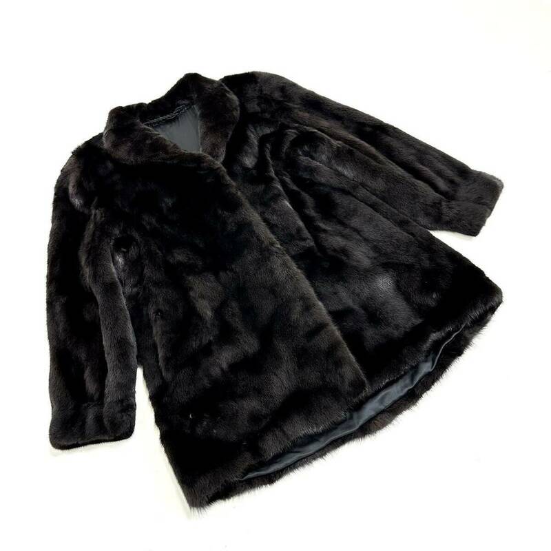 【貂商】h2970 BLACKGLAMA ブラックグラマミンク ハーフコート セミロング ミンクコート 貂皮 mink身丈 約80cm