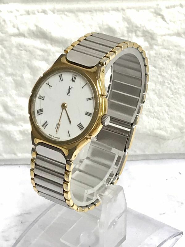 YSL Yves Saint Laurent イヴ・サンローラン コンビカラー デイト 白文字盤 クォーツ 腕時計 稼働品 電池交換済 fah 5J051S
