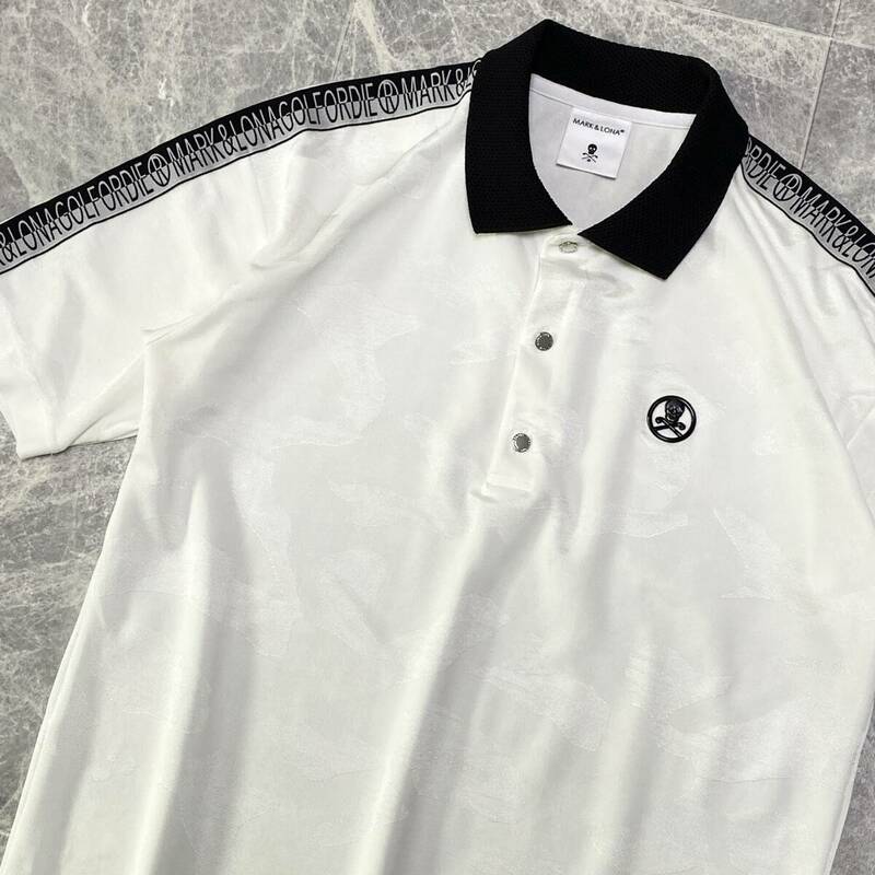 極美品 現行 MARK&LONA マークアンドロナ 半袖 ポロシャツ メンズ 46 (M) 白 ジャガード スカル ロゴ カモフラ 総柄 ゴルフウェア C497