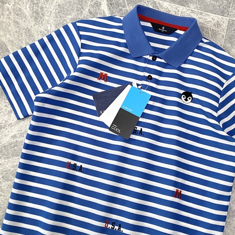 新品 Munsingwear マンシングウェア 半袖 ポロシャツ ストレッチ メンズ M ホワイト ブルー ボーダー 総柄 ペンギン 刺繍 ゴルフウェア 522