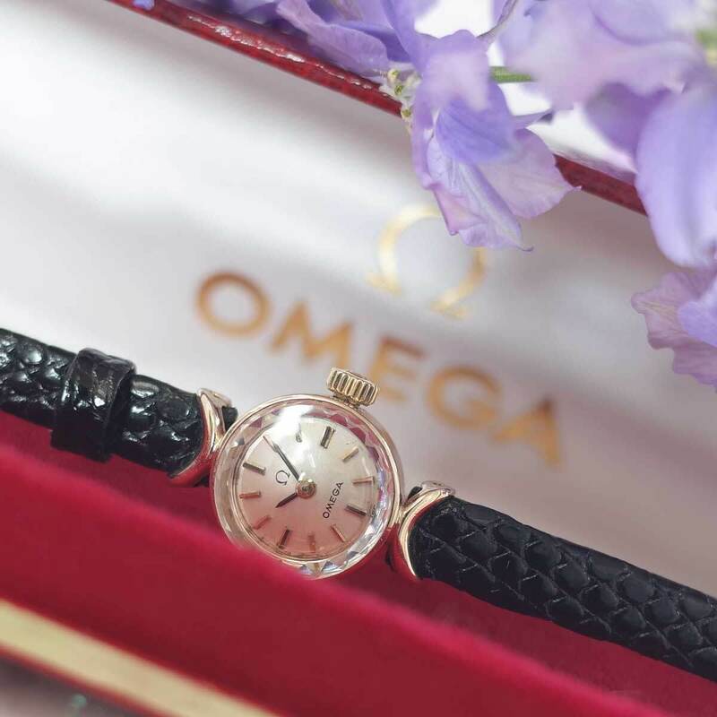 稀少 オメガ デビル 70's アンティーク YG 14K 最小 カットガラス 純正尾錠 新品リザード レディース 手巻 腕時計 OMEGA OH済1年保証