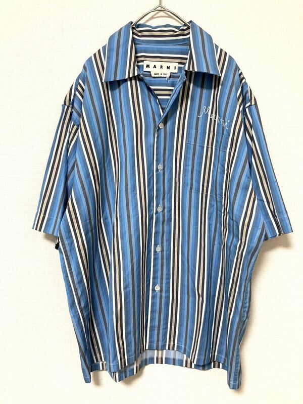 マルニ　marni ロゴ刺繍　ストライプ　オープンカラー　シャツ　半袖　メンズ　トップス ブルー　青　46