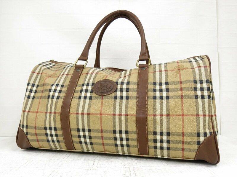 ◆美品◆BURBERRY バーバリー◆ノバチェック◆PVC カーフ レザー 本革◆ボストン バッグ◆ベージュ ブラウン ゴールド金具◆A5340