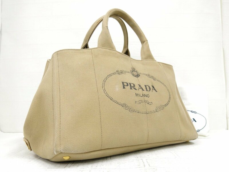 ◆美品◆PRADA プラダ◆カナパ◆キャンバス カーフ レザー 本革◆ハンド トート バッグ◆ベージュ ゴールド金具◆イタリア製◆A5261