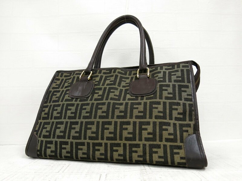 ◆美品◆FENDI フェンディ◆ズッカ◆ナイロンキャンバス カーフ レザー 本革◆ハンド バッグ◆ブラウン系 G金具◆ヴィンテージ◆A5352