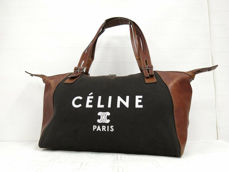 ◆CELINE セリーヌ◆S-SN-1120◆ビッグロゴ◆キャンバス カーフ レザー 本革◆トート バッグ◆ブラック ブラウン シルバー金具◆A5253