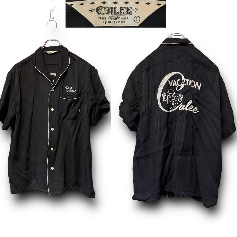 1度着美品 CALEE キャリー レーヨン 刺繍 チェーンステッチ 半袖 オープンカラー シャツ size L 日本製