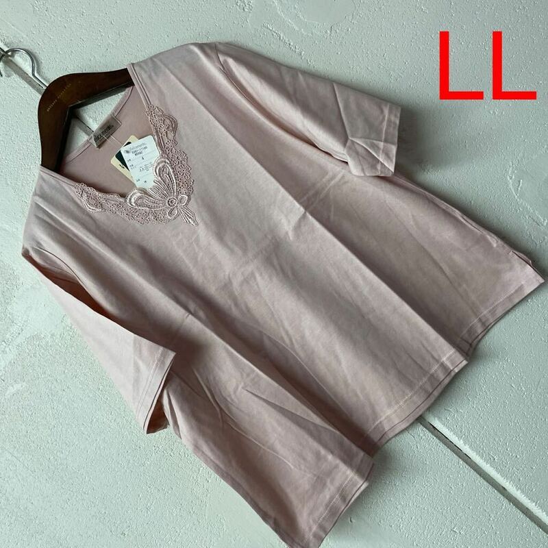 LLサイズ日本製綿100%レース使い60双糸半袖カットソー　ピンク