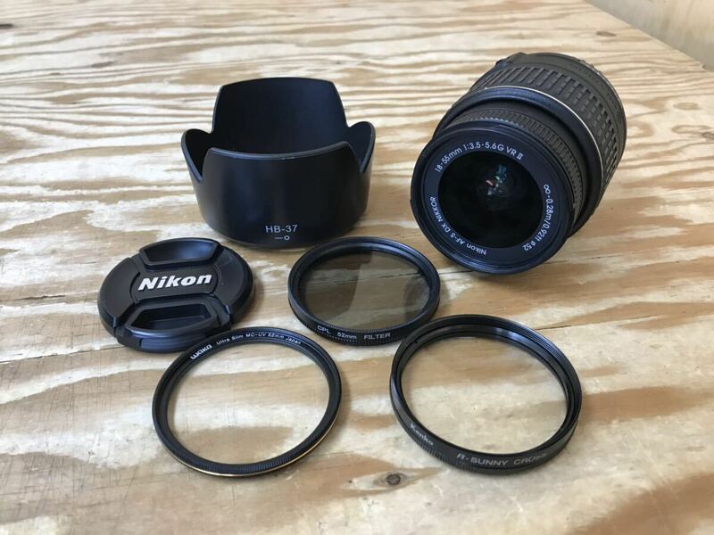 mE 60 ニコン レンズ ③ AF-S NIKKOR 18-55mm 1:3.5-5.6GⅡ Nikon DX VR フード HB-37 フィルター セット ※動作未確認、ジャンク扱い