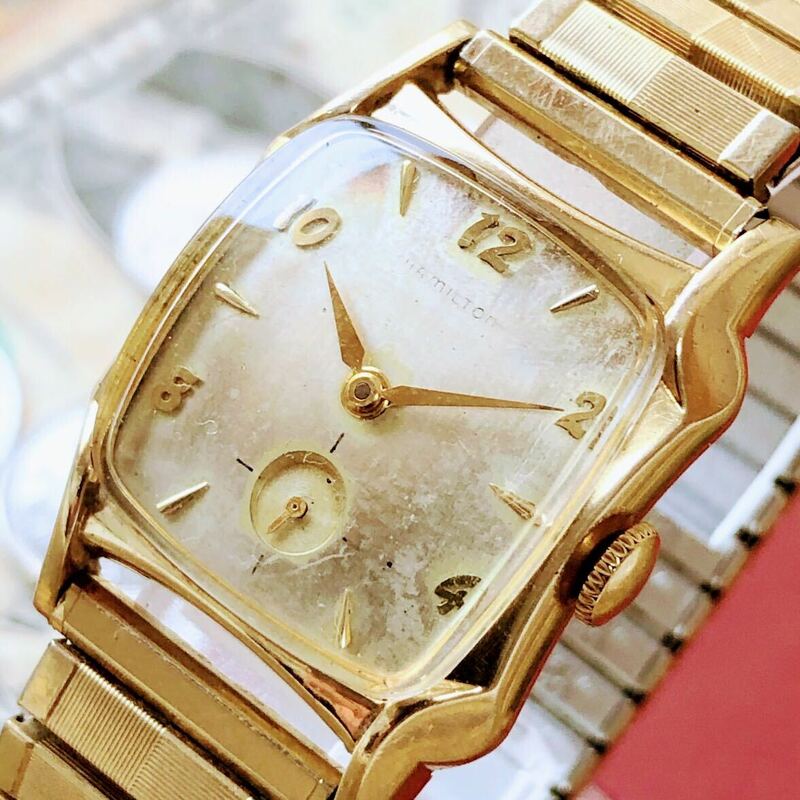 #3086【お洒落な高級感】メンズ 腕時計 ハミルトン 動作品 17石 アンティーク 1940年代 ヴィンテージ 手巻き 機械式 HAMILTON 10k 金張り