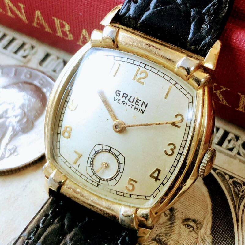 #3047【シックでお洒落】メンズ 腕時計 グリュエン 機械式 手巻き GRUEN 金張り 動作品 1950年代 アンティーク ヴィンテージ 15石 四角