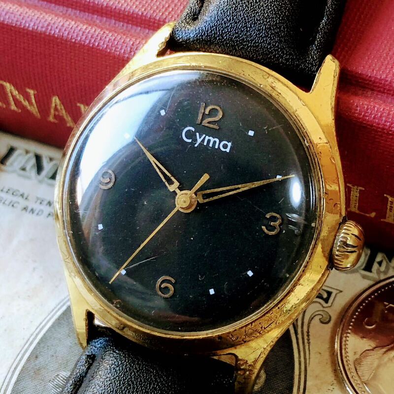 #3039【シックでお洒落】メンズ 腕時計 シーマ 動作品 ヴィンテージ 機械式 自動巻き アンティーク CYMA 1950年代 25石 ゴールド 金張り 