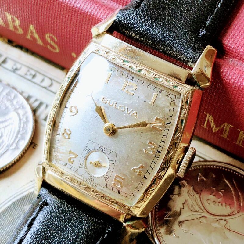 #3064【シックでお洒落】メンズ 腕時計 ブローバ 機械式 手巻き BULOVA 金メッキ 動作品 1940年代 アンティーク ヴィンテージ 15石 四角
