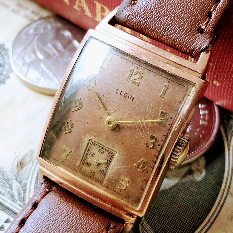 #3058【お洒落な高級感】メンズ 腕時計 機械式 動作品 手巻き エルジン 21石 ELGIN 金張り 1946年頃 アンティーク ヴィンテージ GOLD-F